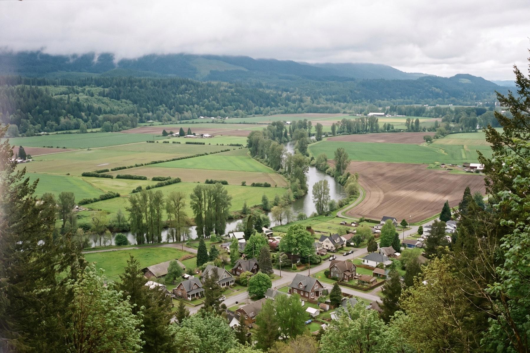 View from a wooded hillside down to a river valley of farm fields, a tree-lined river, and a neighborhood of older houses